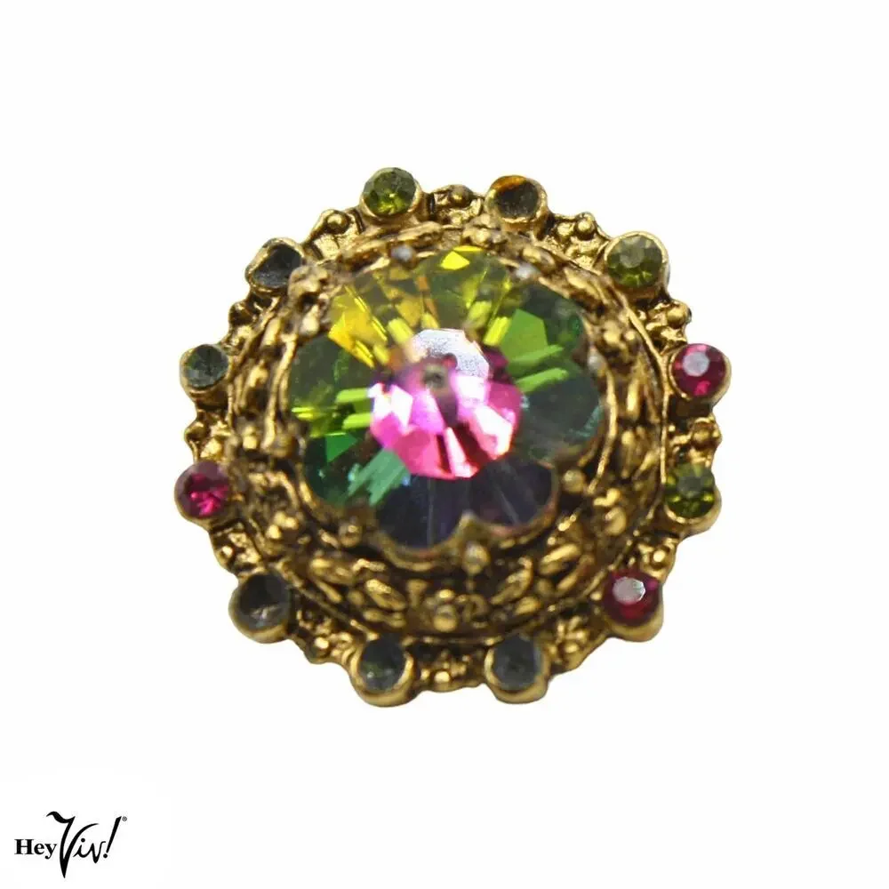 Vintage Aurora Borealis Rhinestone Clip-On Earrings Gold Tone 1